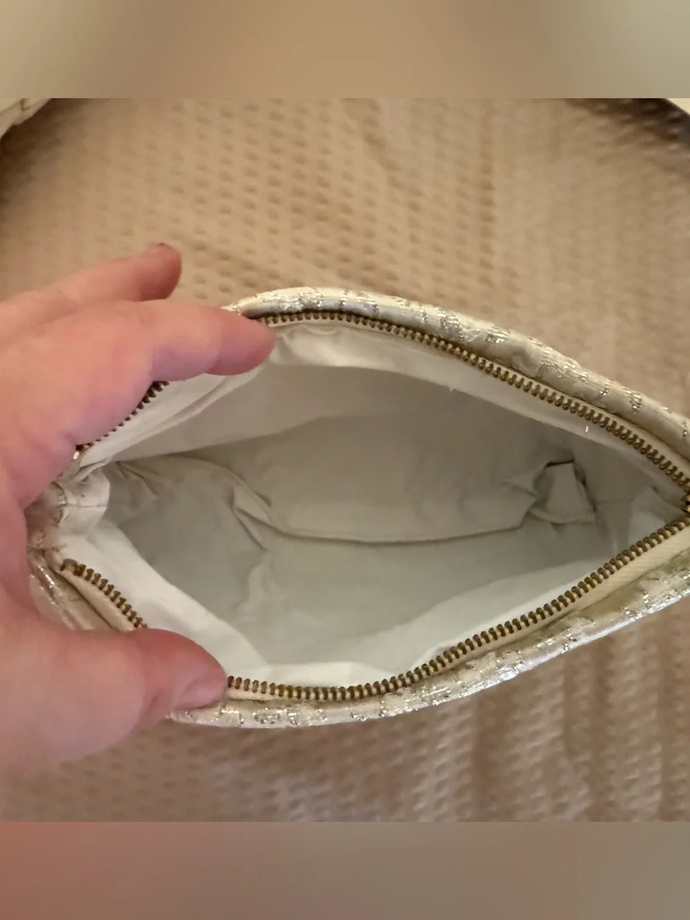 Vintage Ivory Silver Brocade Evening Clutch TRIO Ring Zipper